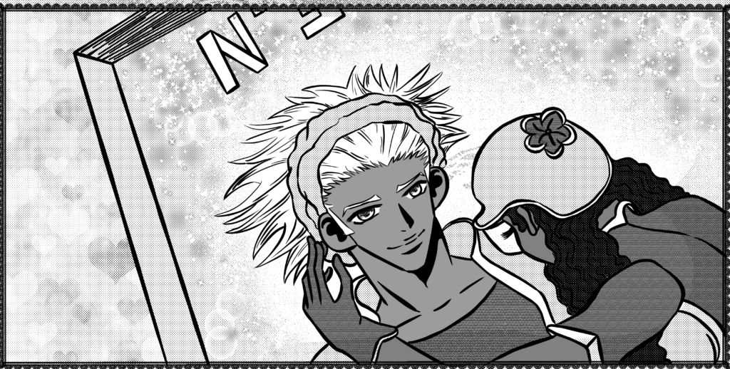 Manga black couple looking at each other.