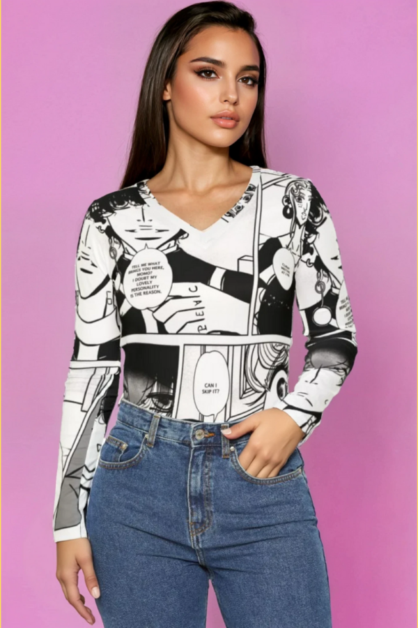Vintage Top | Long-Sleeved Shirt | Comic Stripe Print for Women