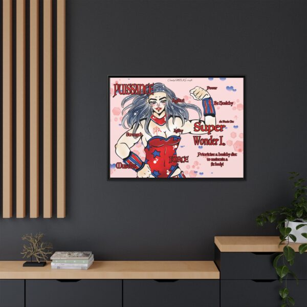 Fit superhero woman inspired by Wonder Woman in a framed wall artwork in a bedroom