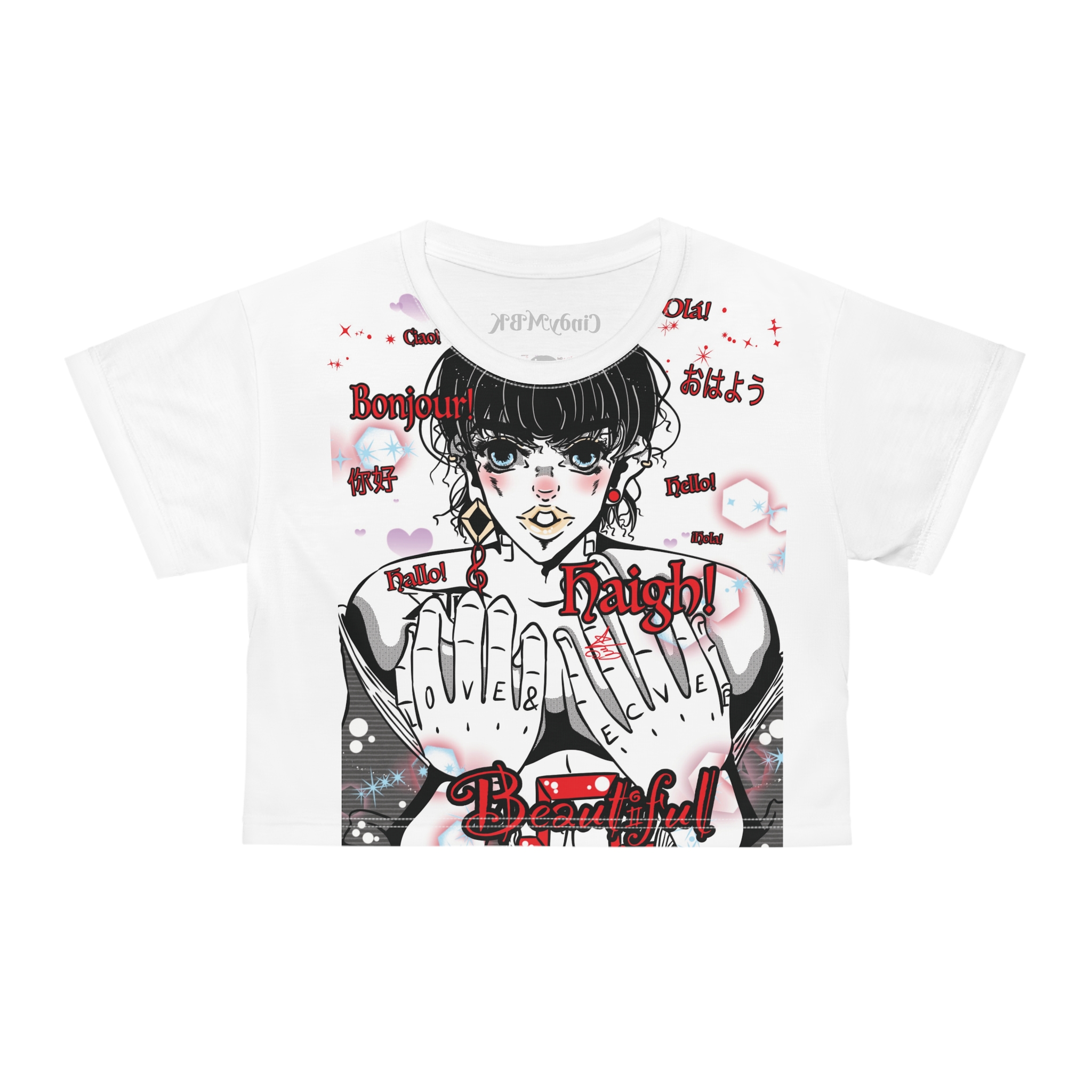 Anime male character with dark hair and Greetings tee in Frenchm English, Spanish