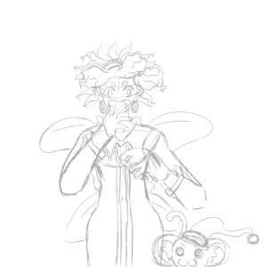 Sketch ideas of a young black character with a shocking expression and a hairband while wearing a pyjama with transpareny wings and next to her there's a monkey