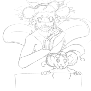 Sketch ideas of a young black character with a happy expression on her face and wearing a pyjama with transparent wings and next to her there's a monkey