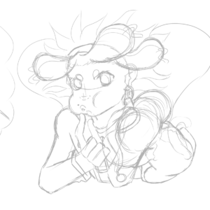 Sketch ideas of a young black character pouting and wearing a pyjama with transparent wings and next to her there's a monkey