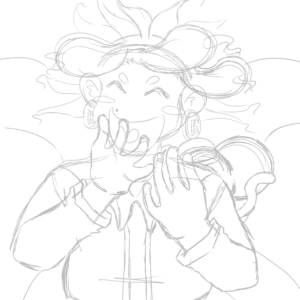 Sketch ideas of a young black character laughing and wearing a pyjama with transparent wings.